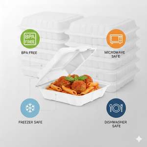 Contenedores de comida para llevar tipo clamshell 8x8, desechables, de bagazo, ecológicos, biodegradables, impermeables, con tapas abatibles, libres de BPA - Product Image 4