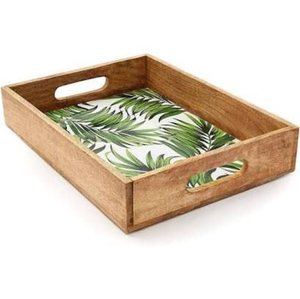 Bandeja de Servir Hecha a Mano de Madera de Mango con Estampado de Hojas Tropicales, Plato Decorativo Rectangular con Asas para Mesa y Decoración del Hogar - Product Image 1