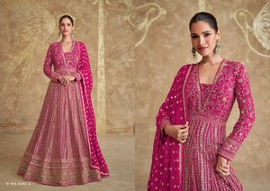 Elegant Women's Pink Embroidered Anarkali Lehenga Set 3-Piece Full Length V-Neck <b>Top</b> Dupatta Striped Pattern Handwork Design - Product Image 4