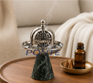 Mubkhar moderne en métal avec base en marbre vert, design arabesque élégant, brûleur d'encens Bakhoor pour la fragrance d'intérieur, diffuseur d'Oud. - Product Image 4