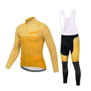 <b>Mens</b> <b>Cycling</b> <b>Jersey</b> And Bib Shorts Set Yellow Polka Dot <b>Long</b> <b>Sleeve</b> Quick Dry Breathable Road Bike Sportswear - Product Image 1