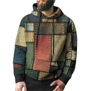Sweat-shirt à capuche vintage pour homme, imprimé patchwork à carreaux, tricoté en blocs, graphique, faible MOQ, vente en gros - Product Image 5