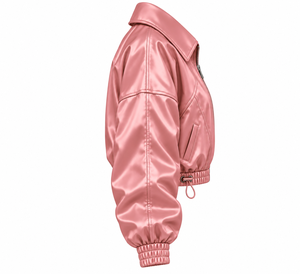 Veste Courte Rose en Satin pour Femme, Col Évasé, Poignets Élastiques, Ourlet à Boutons, Vêtement d'Extérieur, Fournisseur Personnalisé en Gros pour Marques Privées - Product Image 4
