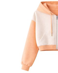 Ensemble décontracté deux pièces pour femme, couleur pêche, avec sweat à capuche court zippé et short cargo imprimé marguerites, en polyester et coton, vente en gros - Product Image 4