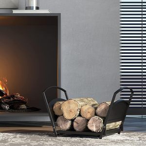 Modern Black Metal <b>Log</b> <b>Holder</b> With Curved Handles For Fireplace Wood Storage - Product Image 1
