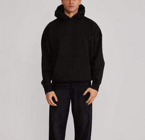 Sweat-shirt à capuche noir surdimensionné pour homme, manches régulières, couleur unie, décontracté, en coton French Terry, pour l'automne - Product Image 1