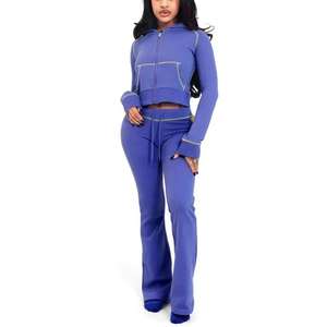 Conjuntos de punto gofrado personalizados para mujer, chaqueta térmica con cremallera y pantalones acampanados, chándal de 2 piezas para mujer - Product Image 6