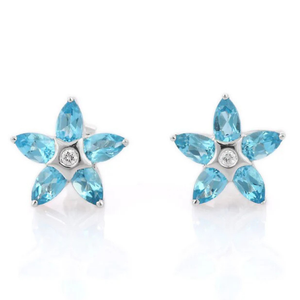 18K White Gold Blue Topaz Flower Stud <b>Earrings</b> with Diamond Accents - Product Image 1