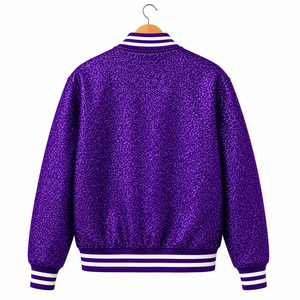 Cosh International OEM ODM Custom Winter Thin Stand Collar Varsity Jacket of <b>Glitter</b> <b>Purple</b> With White Trim Color Unisex - Product Image 5