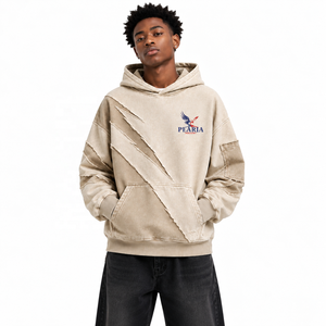 Men's Oversized Winter <b>Brown</b> <b>Fleece</b> Hoodie Contrast Panel Washed Sweatshirt Custom Logo Front Streetwear Pullover - Product Image 3