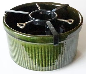 Green medium size Christmas <b>tree</b> <b>stand</b> / planter. Waku West Germany. Metal holder. Vintage mid century pottery. Original - Product Image 1