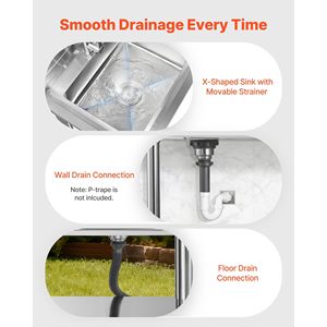 Lavello Commerciale Monoblocco Autoportante in Acciaio Inossidabile con Rubinetto Acqua Calda/Fredda e Tubazione, Fabbricazione in Acciaio - Product Image 5