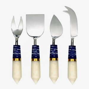 Direct Factory Selling Stainless Steel <b>Cheese</b> <b>Knife</b> <b>Set</b> With Marble Handle Resin Blue Stripe Design Durable Serving Tools Fork - Product Image 3