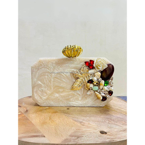 Bolso de Mano Rectangular Beige Ecológico de Resina Pintado a Mano con Acabado Brillante Efecto Mármol Ahumado y Adornos de Cristal para Fiesta de Mujer - Product Image 2