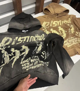 Personnalisation de sweat à capuche de sérigraphie personnalisée tissu de boucle vintage délavé au soleil en détresse fabricants de sweats à capuche coupés et cousus - Product Image 4