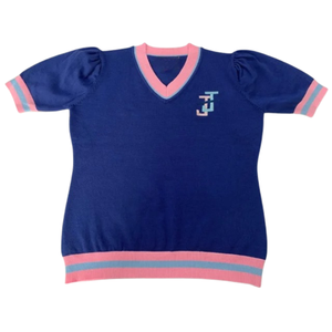 <b>Navy</b> Blue V Neck Sweater Short Sleeve Knit Pullover Women Casual Fashion Top With Pink Trim Elegant Apparel Clothing - Product Image 2