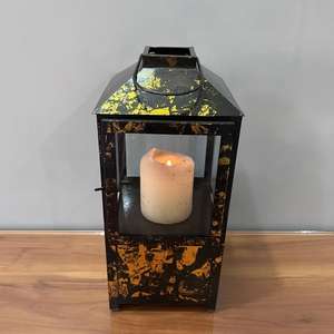 Lanterne à bougie vintage en métal, panneaux en verre, finition rustique noir et or, à suspendre ou à poser, décoration d'intérieur, design artisanal L517 6x6x14 pouces - Product Image 5