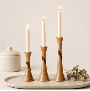 Minimalist Mid-Century Modern Wooden Taper Candle Holder Set Handcrafted Solid Wood Candlestick <b>Stand</b> For Formal Dining Table - Product Image 5