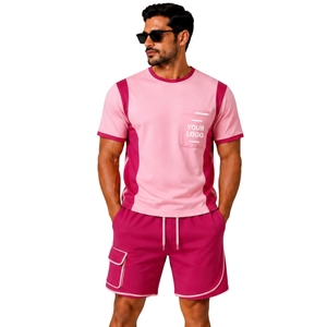 Pink <b>And</b> Fuchsia <b>Mens</b> T <b>Shirt</b> <b>Shorts</b> <b>Set</b> Crew Neck <b>Short</b> Sleeve Top Cargo Pocket Drawstring <b>Shorts</b> Casual Sportswear Outfit - Product Image 1