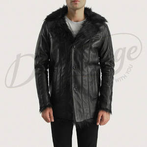 Chaqueta de Cuero Genuino Negra para Hombre con Cuello de Piel Negra, Chaqueta Bomber de Piel de Oveja con Forro de Felpa Cálido para Invierno, Corte Ajustado Informal - Product Image 1
