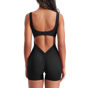 Mono de mujer negro con tirantes finos, cintura alta, control de abdomen, faja moldeadora, ropa de yoga, primavera-verano, color liso, tejido ajustado - Product Image 5
