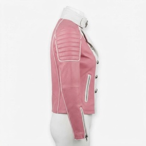 Women's Pink White Color Blocked Genuine Leather Motorcycle Jacket Double Breasted Stand Collar Full Sleeve Biker <b>Coat</b> Autumn Ou - Product Image 4
