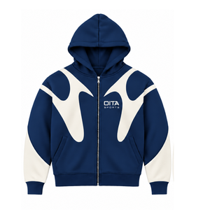 Navy Blue Contrast Panel Zip Up Hoodie Men Streetwear Full Zipper Long Sleeve Casual <b>Fleece</b> <b>Hooded</b> <b>Jacket</b> With Pockets - Product Image 1
