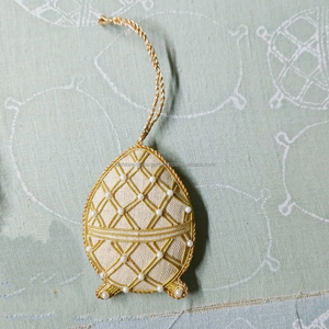 Decorative Faberge Inspired Egg Ornament, Handmade Embroidered Fabric Egg with Gold Zari <b>Thread</b> and Pearl <b>Bead</b> Work for Elegant - Product Image 1