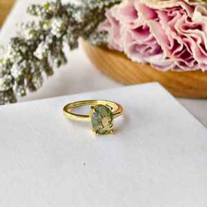 Bague en argent sterling 925 plaqué or 14 carats avec agate mousse ovale, pierre naturelle, bijou fait main pour femme, cadeau - Product Image 1