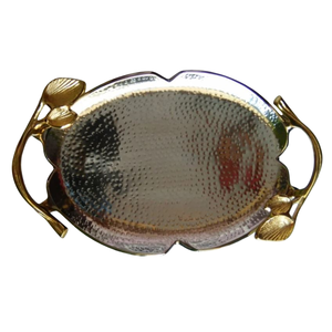 Elegant Designer Oval Shape Food <b>Serving</b> <b>Tray</b> Finest Quality Silver Metal <b>Tray</b> With <b>Gold</b> Leaf Design Handle For Hotel Supplies - Product Image 1