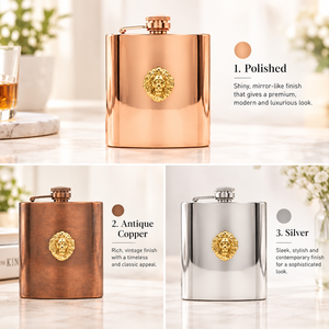 Petaca de metal con acabado en cobre y medallón de león dorado, con tapa de rosca abatible y emblema de león grabado, para hombres, regalo de viaje, artículos de bar, B2B - Product Image 4