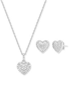 Set di 2 Pezzi Set collana con ciondolo a forma di cuore con diamanti e orecchini abbinati (1/4 ct.) t.w.) in Argento Sterling |   Macy's - Product Image 1