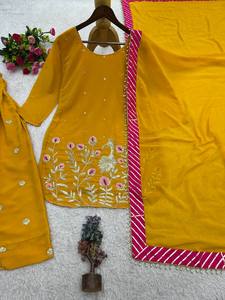 ชุดสาหรี่กะมีซผ้าจอร์เจตต์ปักลายสีเหลือง พร้อมผ้าคลุมไหล่ แบบดั้งเดิมของอินเดียและปากีสถาน สำหรับงานแต่งงานและงานเลี้ยงสำหรับผู้หญิง - Product Image 5