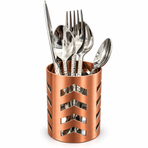 Porte-couverts en acier inoxydable finition cuivre rose doré – Organisateur décoratif en métal pour ustensiles de cuisine avec motif chevron découpé - Product Image 1