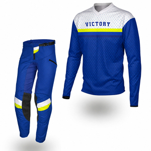 Ceci est un ensemble d'équipement de trial bleu de la collection Victory Racing, comprenant un maillot de performance et un pantalon assorti, conçu pour le motocross. - Product Image 4
