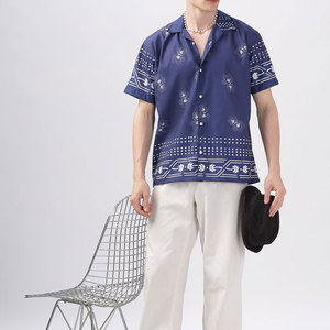 <b>Men's</b> <b>Navy</b> Blue Floral Short Sleeve Hawaiian <b>Shirt</b> Turn-down Collar <b>Satin</b> Casual Summer Wear Printed Breathable 100% Polyester - Product Image 5