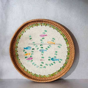 Plateaux de service ronds en nacre naturelle et écologique de haute qualité, mosaïque incrustée - Product Image 1