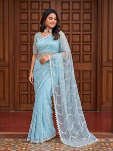 Sari de red suave con brillo, Sari de red con perlas reales, Sari elegante con encaje de perlas, Sari premium con trabajo de perlas, Sari con encaje de perlas reales - Product Image 1