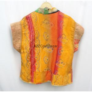 Handmade Vintage Kantha Kimono Wrap with Belt Short Sleeve Reversible Multicolor Women's Jacket 100% Organic Cotton Eco-Friendly - Product Image 5