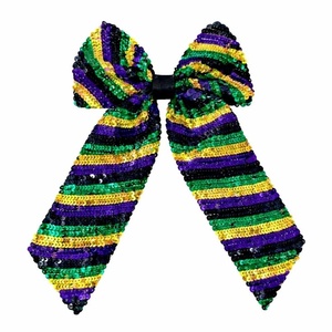 Accessoire de cheveux violet à longue queue pour festival, étoiles scintillantes, paillettes Mardi Gras, nœud à sequins, embellissements, emballage carton pour fête - Product Image 2