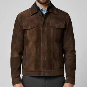 Men's Brown <b>Suede</b> <b>Leather</b> <b>Jacket</b> Workwear Style Turn-down Collar Button Closure Regular Fit Autumn Wear - Product Image 1