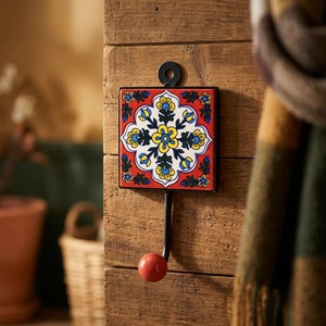 Rustic <b>Red</b> Ceramic Iron Tile Wall Hook Flower Pattern Handmade Eco-Friendly Waterproof Vintage Style Self-Adhesive for Clothing - Product Image 1