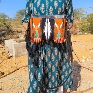 Western Hand Tooled Leather Crossbody Purse Turquoise Saddle <b>Blanket</b> Bag Genuine Cowhide Western Leather Bohemian Fringe Purse - Product Image 6