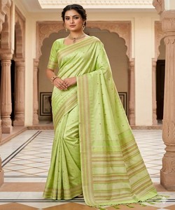 Ready to Ship Light Green Silk <b>Saree</b> Traditional Indian Dress Banarasi Style draped <b>saree</b> with Border Pattern for Ceremony Wear - Product Image 1