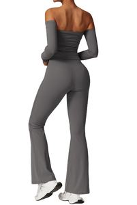 Conjuntos de Yoga para mujer 2025, ropa activa, Top de manga larga, parte inferior acampanada, patrón sólido, botón corto, levantamiento de glúteos, conjuntos de Fitness para gimnasio - Product Image 4