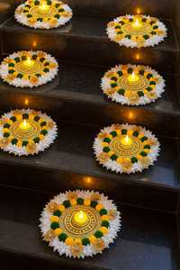 Circular Staircase Floor Rangoli Mat Gilded Center Ring <b>Yellow</b> Green Color <b>Wool</b> Pom-pom Pleated Paper Border Tealight Diya Plate - Product Image 2