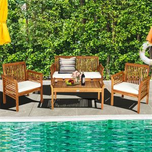 Set di Mobili da Esterno in Legno di Acacia a 4 Pezzi, Divano Bianco con Cuscini per Balcone o Giardino - Product Image 5