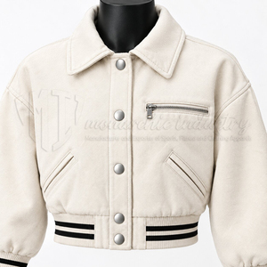 <b>Women</b> Cropped <b>Varsity</b> <b>Jacket</b> White <b>Bomber</b> <b>Jacket</b> Striped Rib Knit Cuff Streetwear Fashion <b>Jacket</b> - Product Image 6