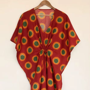 Caftán Maxi Boho Tie Dye Hecho a Mano para Mujer, Ropa de Playa y Resort, Verano, Informal, Algodón, Cuello en V, Corte Holgado, Ecológico - Product Image 1