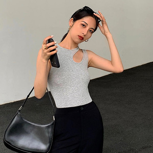 <b>Women's</b> <b>White</b> Ribbed Knit <b>Tank</b> <b>Top</b> O-Neck Sleeveless Hollow Out Minimalist Solid Color <b>Top</b> - Product Image 5